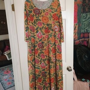 NATURAL LIFE Mustard Floral Midi Dress with Pink & Green Details